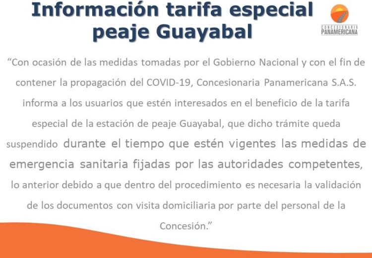 Información Tarifa Especial - Peaje Guayabal.